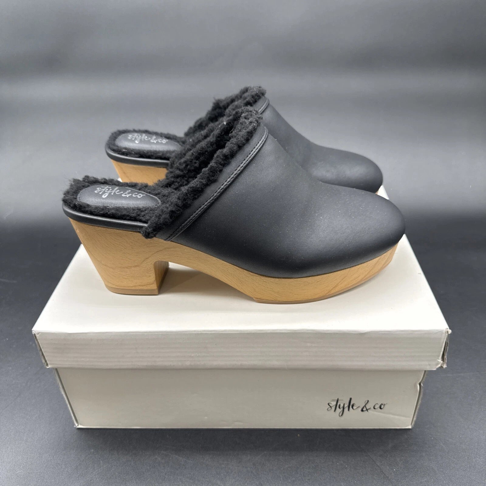 Style & Co Women's Tooma Slide Faux  Black Lined Clog Heeled Mules SZ 7.5 M NIB