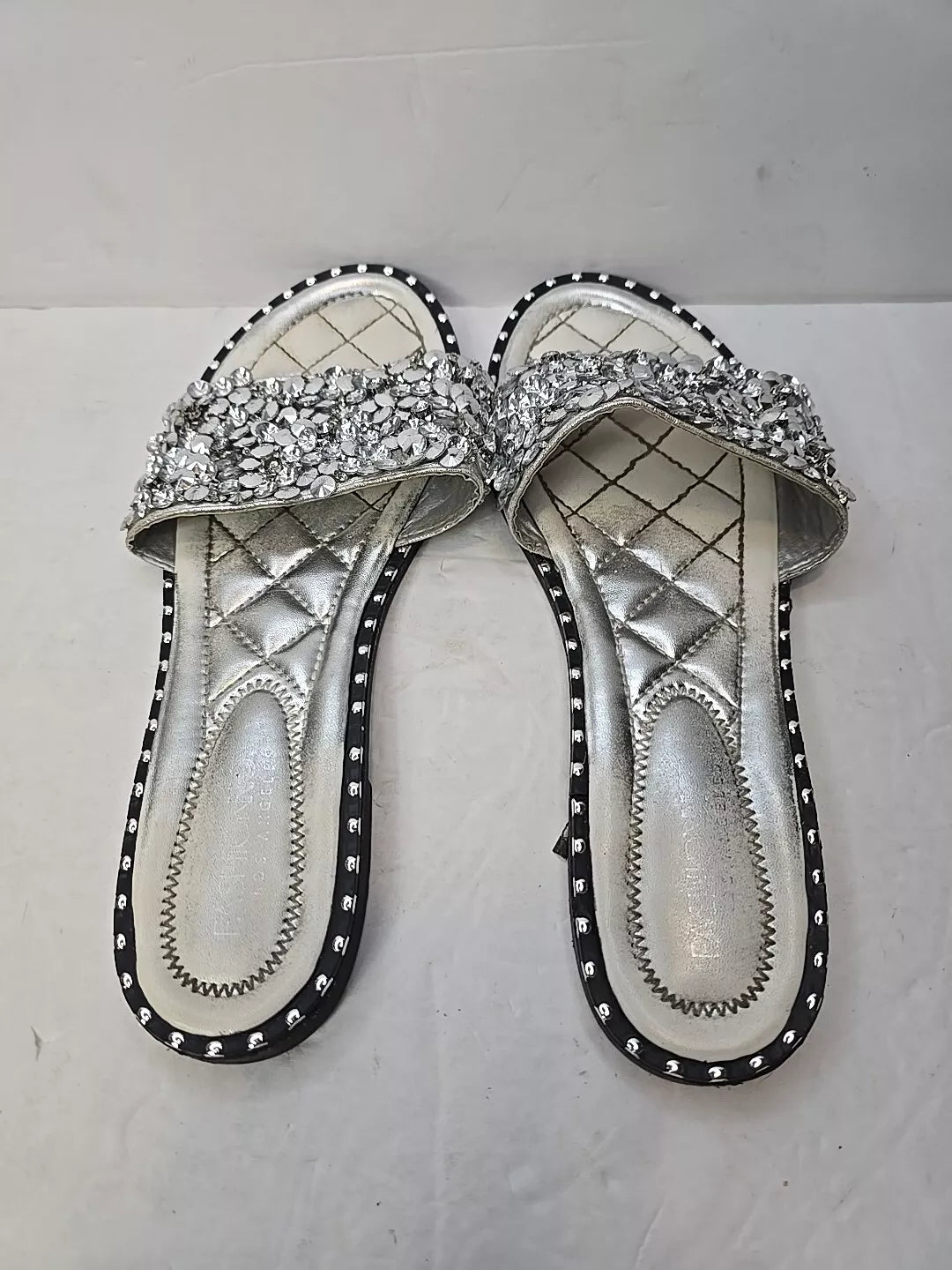 Fashion Nova Sandals Womans 10 Silver Slip On Flats Rhinestones City Club Preppy