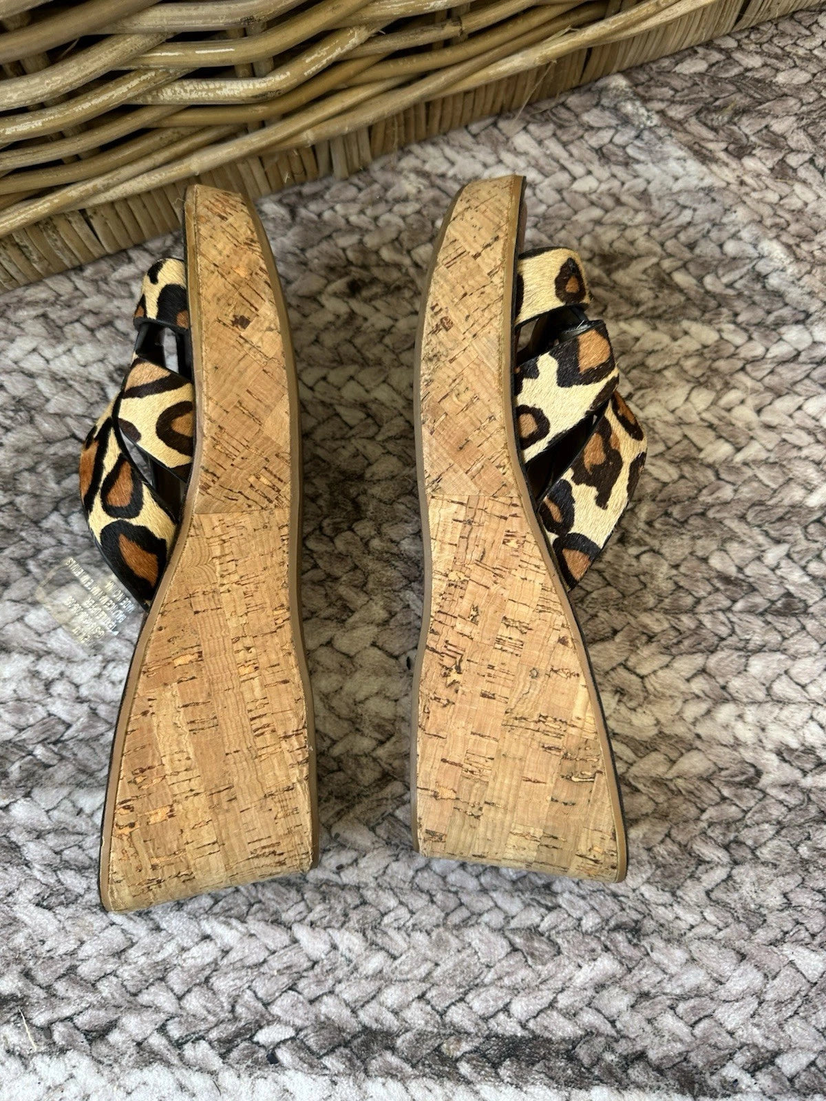 SAM EDELMAN Slide Sandals Sz 9.5Leopard Print Pony Hair Cork Platform Wedge REID