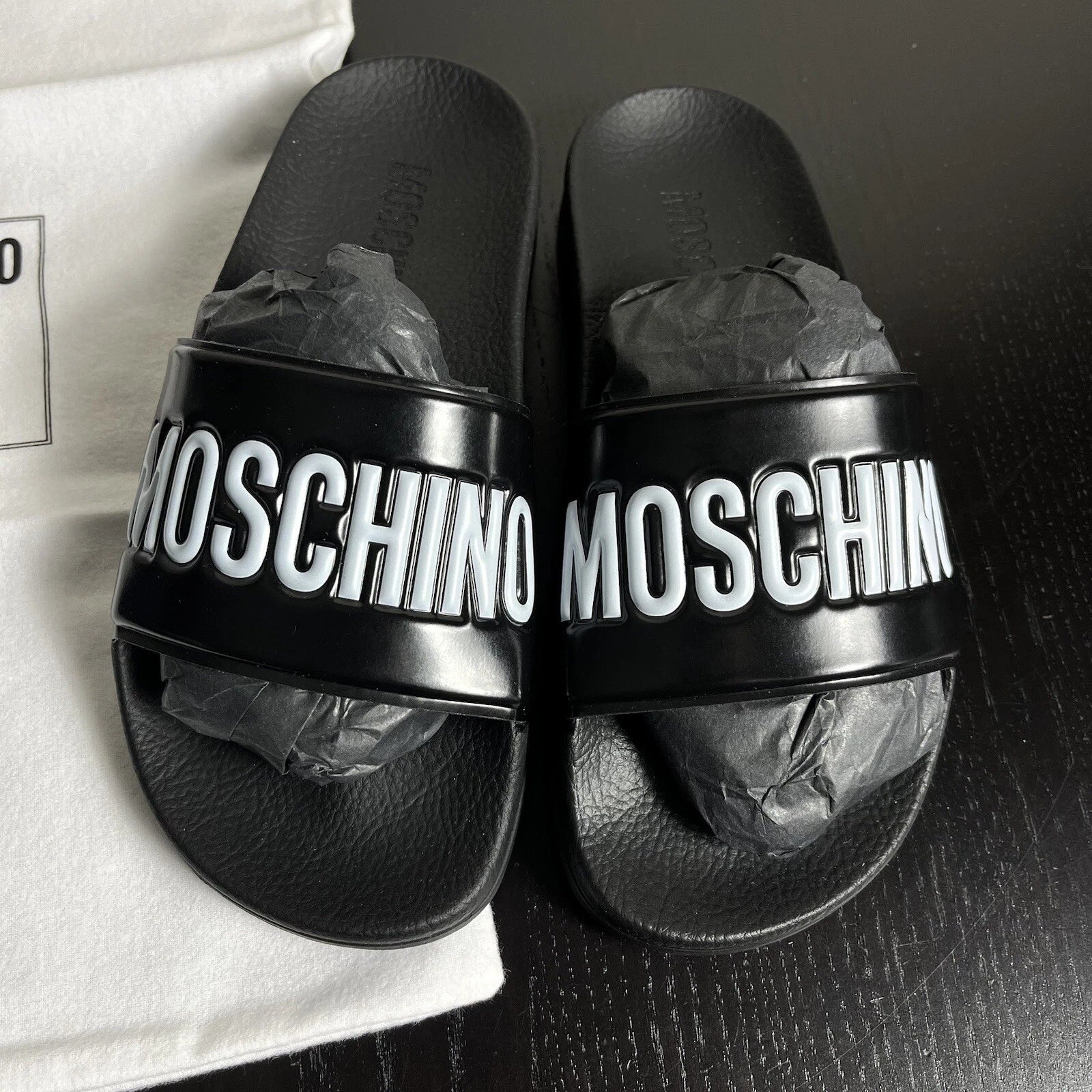 Authentic MOSCHINO Womens Size 35/US 5 Black Logo Pool Slide Sandals NEW