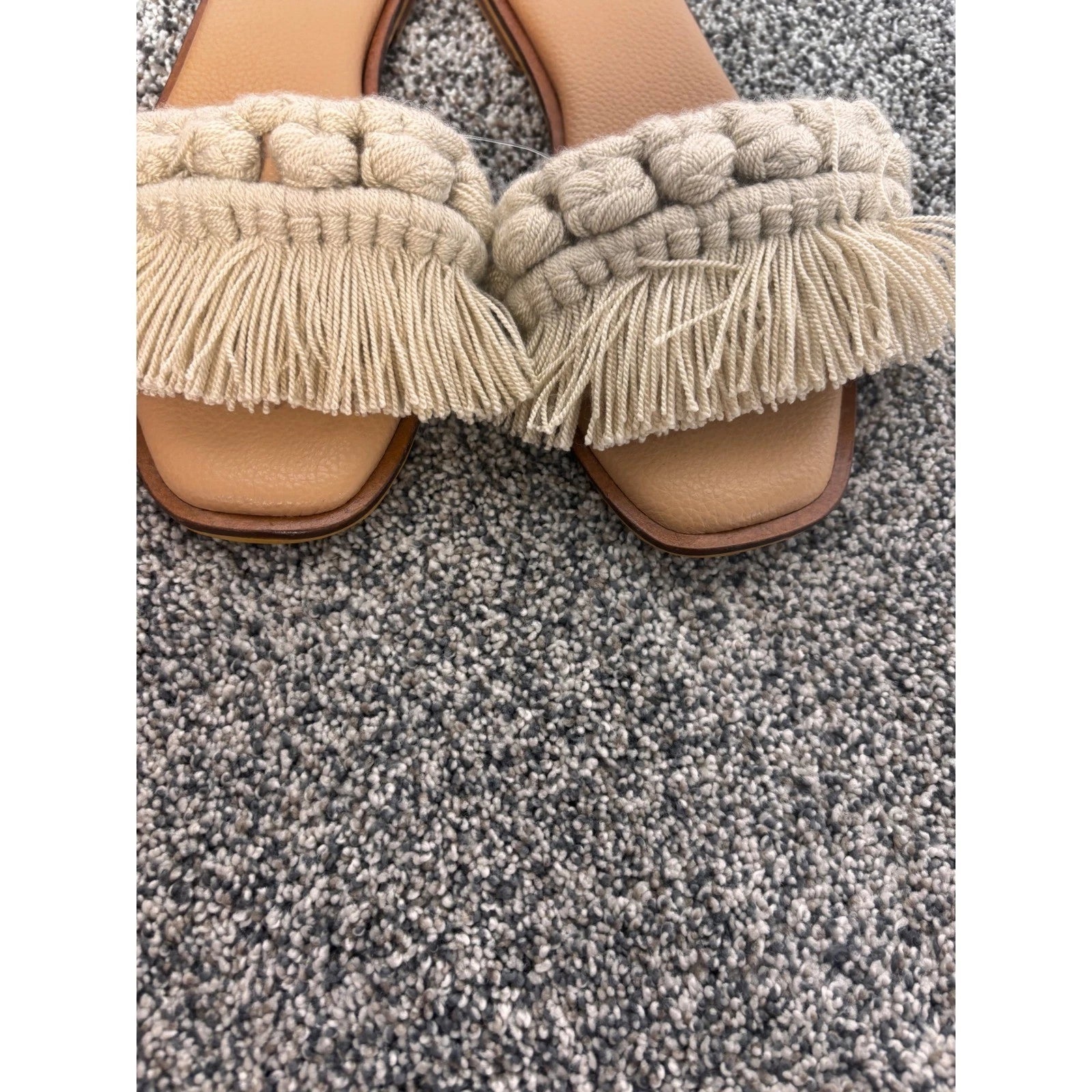 Silvia Cobos Cream Candy Fringe Detail Square Toe Flat Slide Sandals NWOB size 7