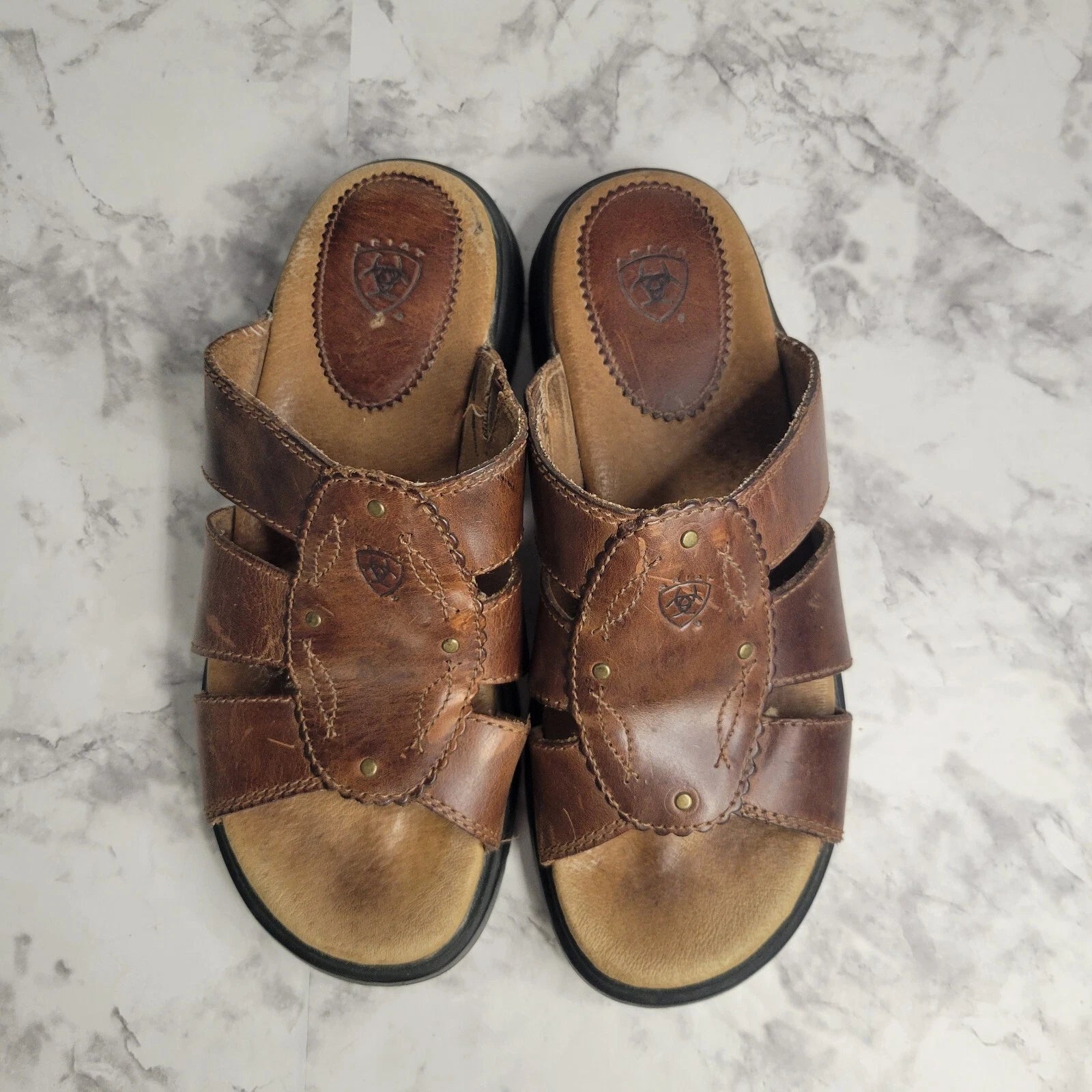 Ariat Brown Leathers Strap Brass Stud Slides Sandal Style 21443 Womens 6B Farm