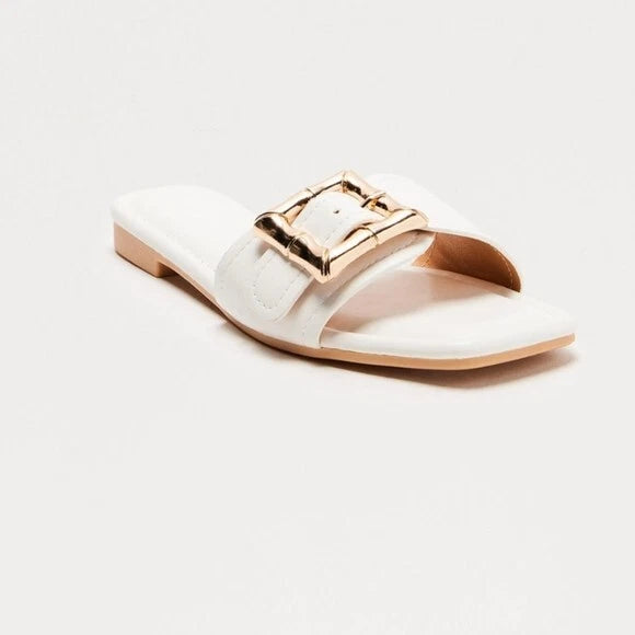 Fashion Nova White Square Toe Chunky Gold Buckle Summer Flat Heel Slide Sandal