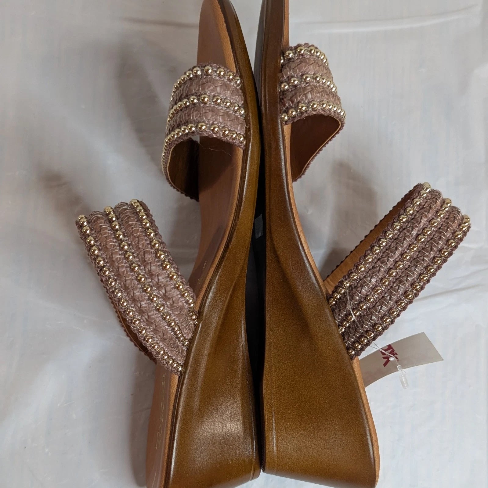 TOSCANELLA Wedge Sandals Size 8 Handmade in Italy Tan Beaded Two Band  BOHO