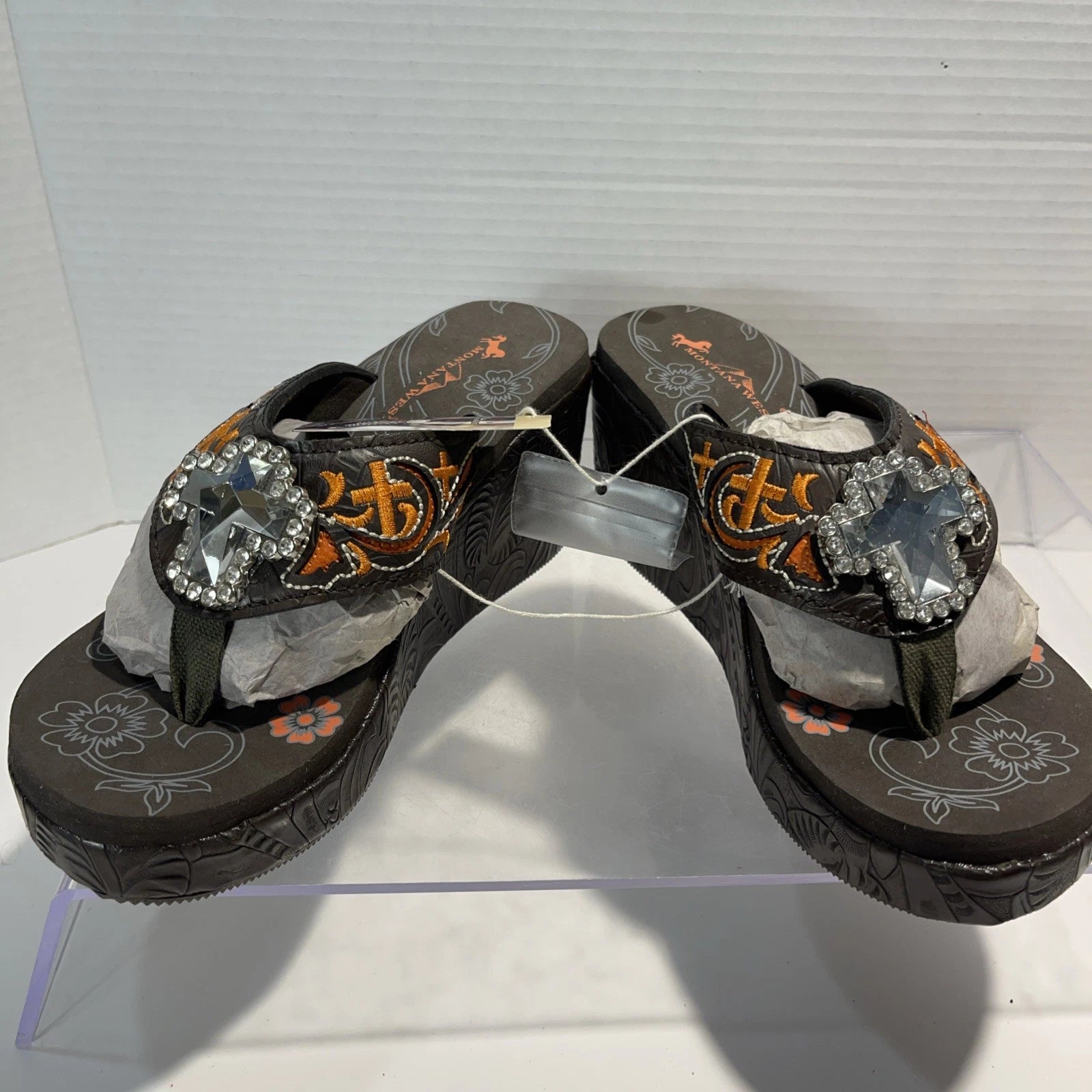 Montana West Embroidered~Rhinestone & Cross Western Style Wedge Sandals Sz 7-7.5