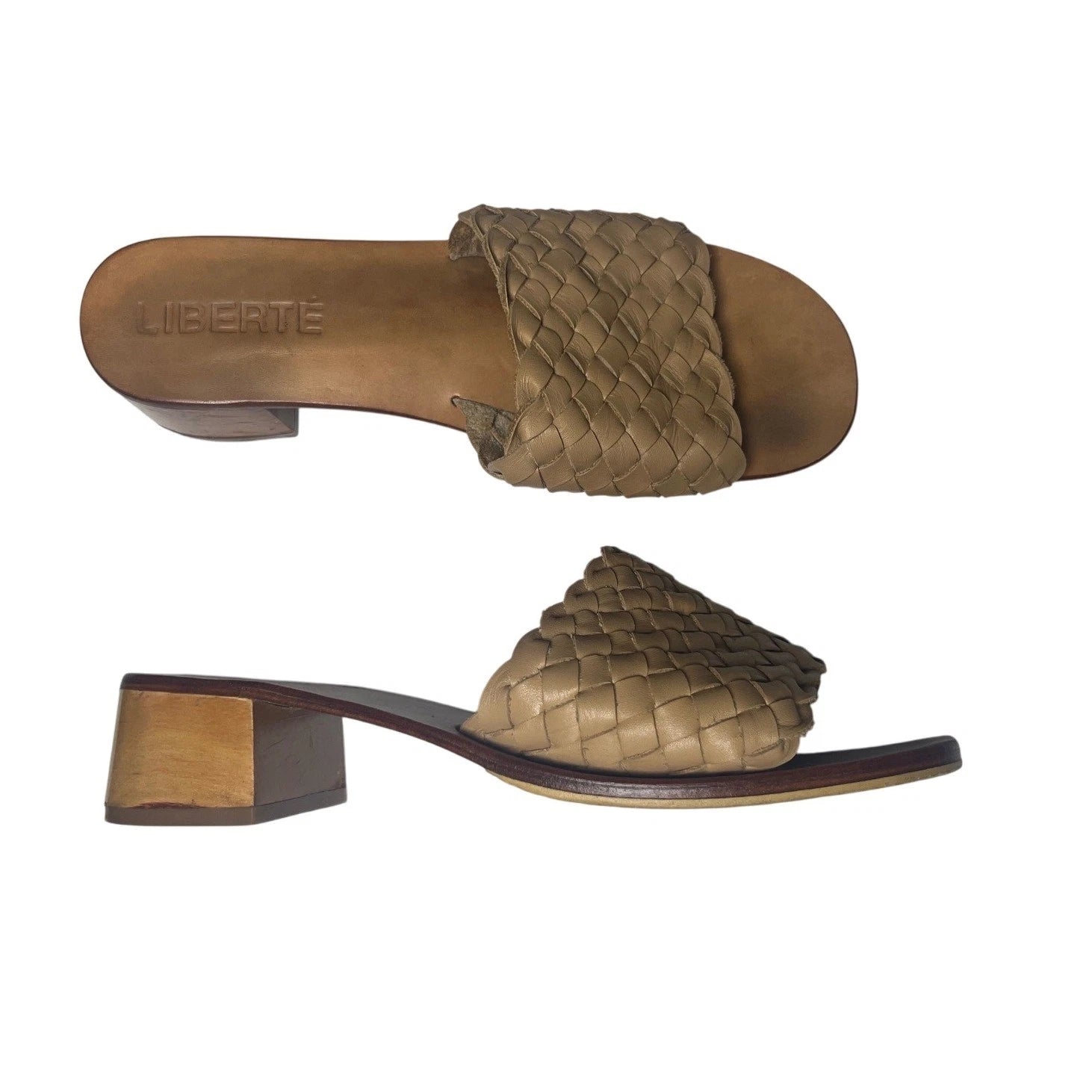 Liberte Woven Slide Sandals Block Heel Tan Leather Size 9