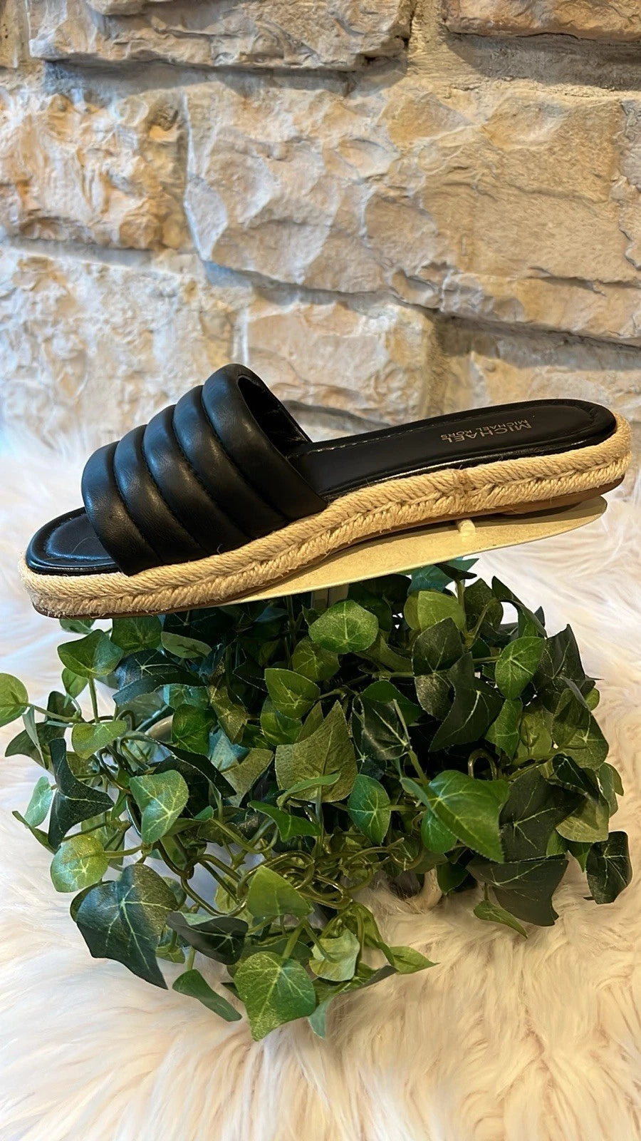 Michael Kors Royce Black Quilted Slides Espadrille Jute - Size 6/7