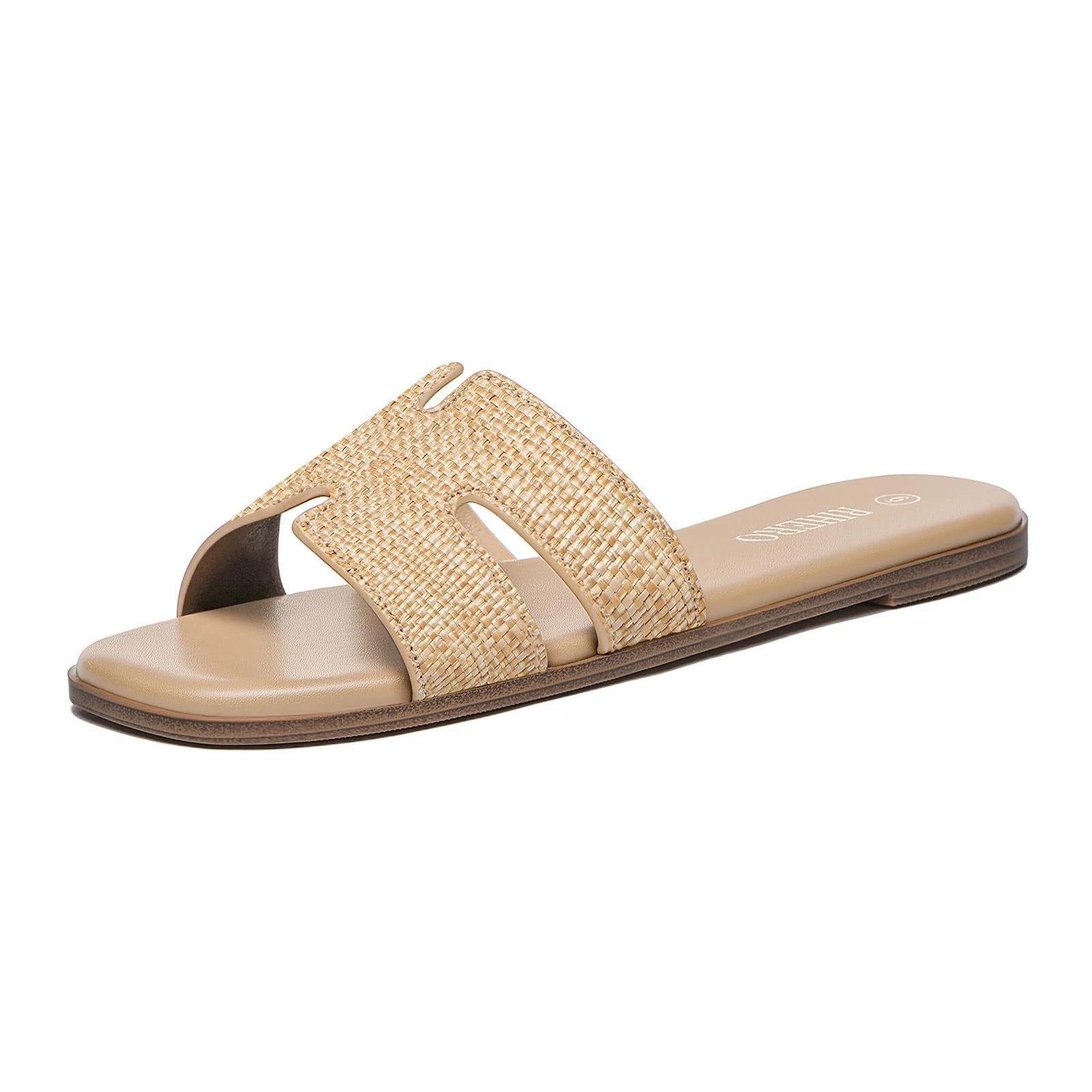 Comfortable Women's Slip On Leather Raffia Flat Sandals Dressy Slide Shoes