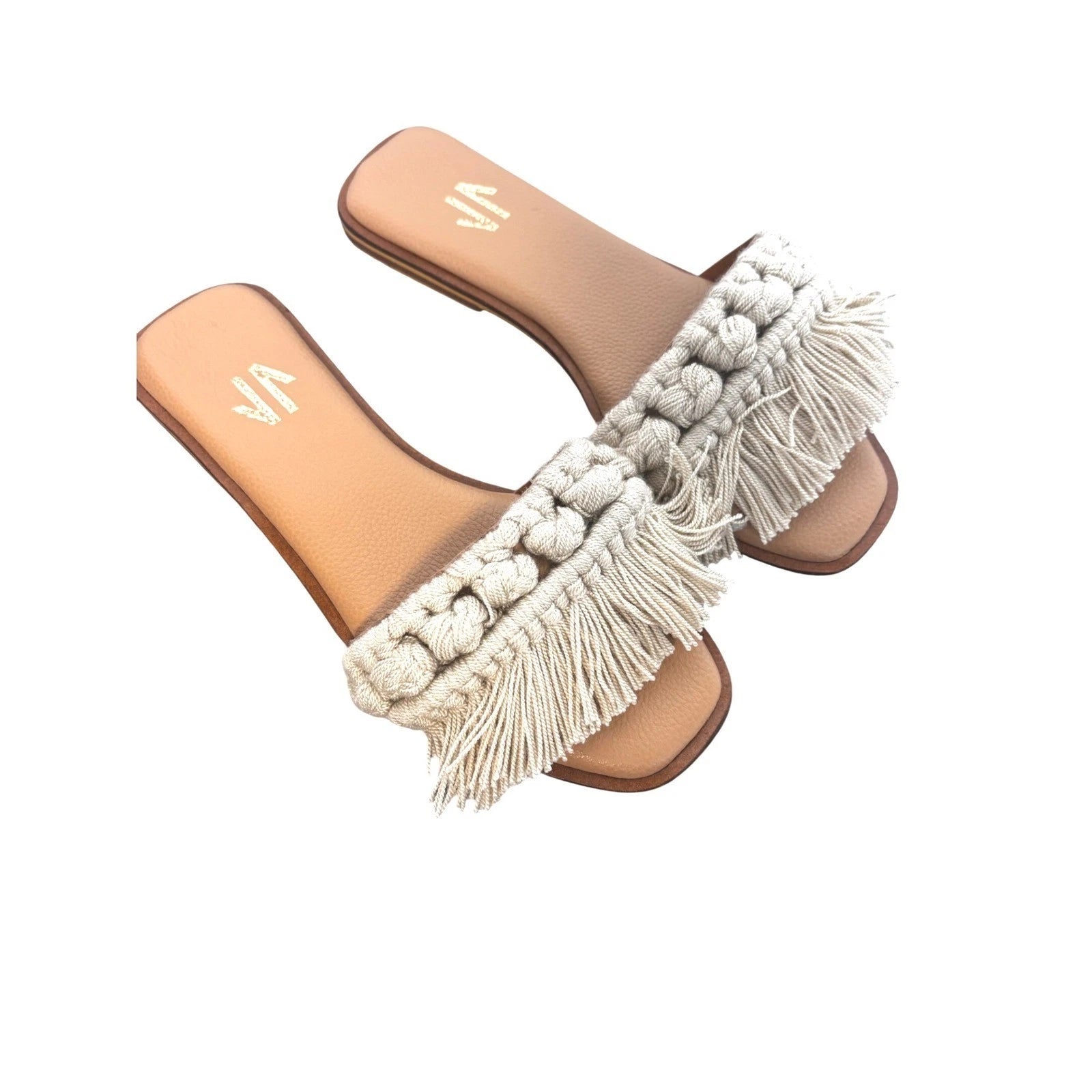 Silvia Cobos Cream Candy Fringe Detail Square Toe Flat Slide Sandals NWOB size 7