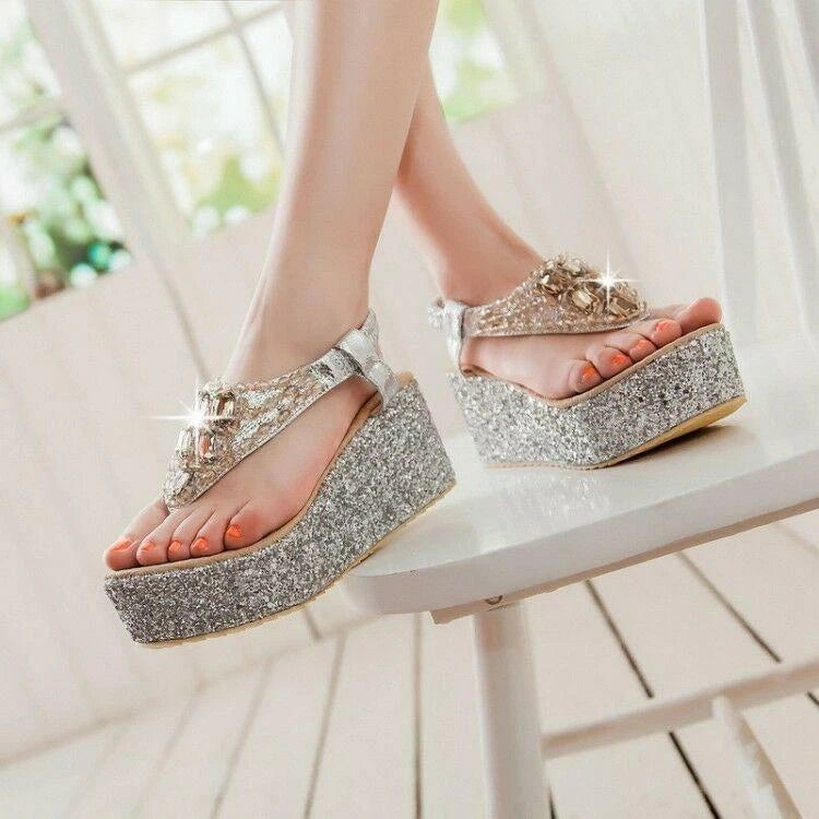 Beaded Women's Flip Flops Platform Sandals Shoes Wedge Heel Bling Roman Fashion