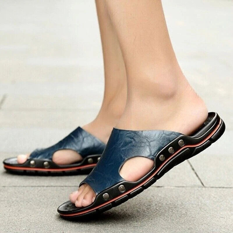 Mens Leather Slippers Summer Beach Fashion Sandals Casual Flats Slides Plus Size