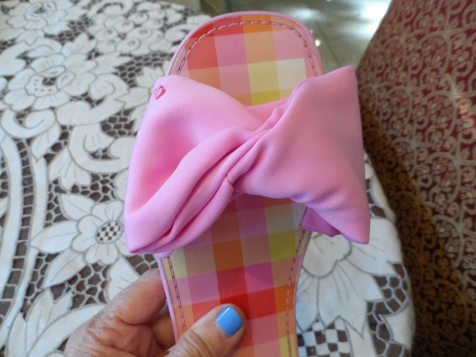 New Kate Spade New York Pink Madras Bikini Bow Slide Size 6.5B