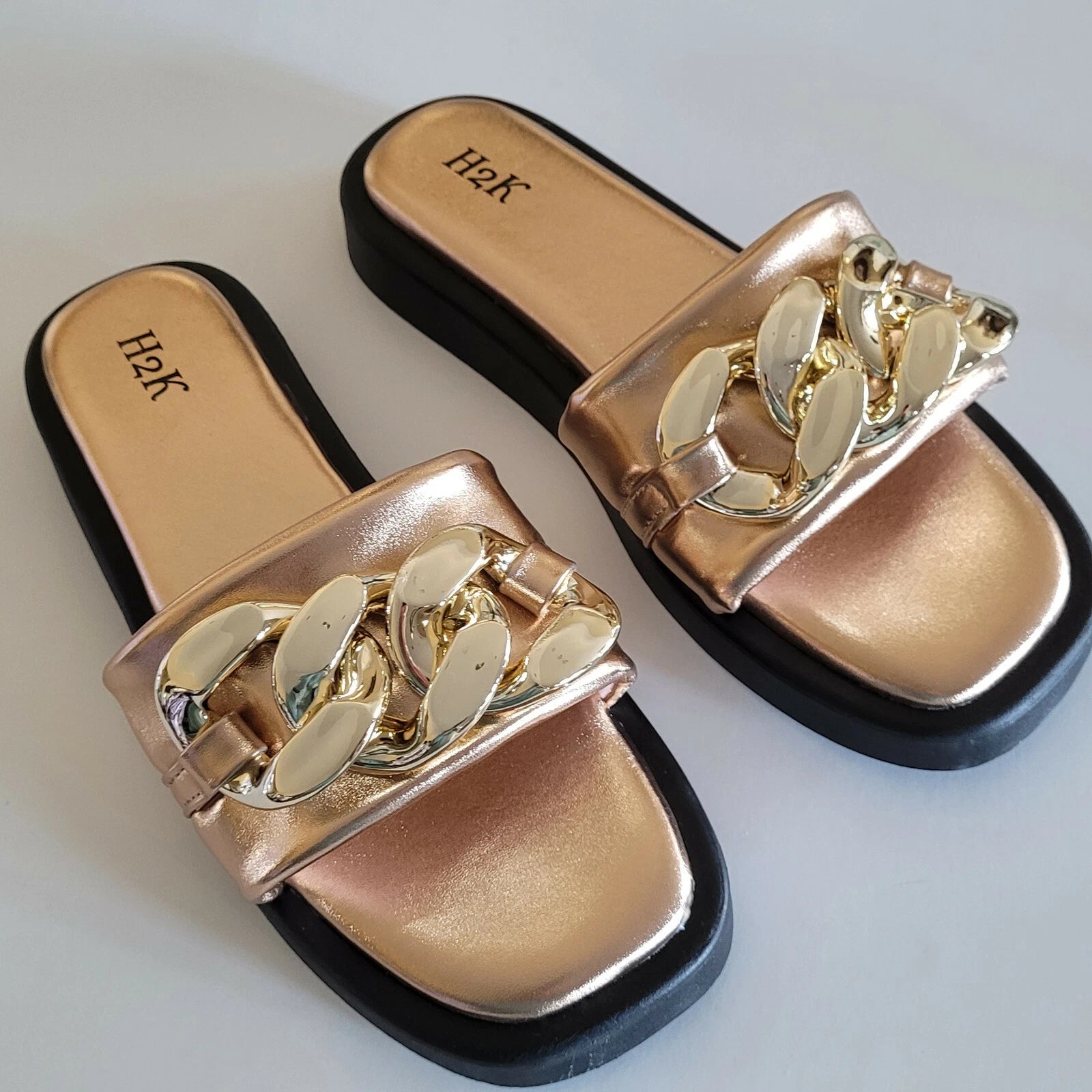 H2K Chain Rose Gold Fashion Comfort Soft Slides Flip Flops Sandals  Open Toe New
