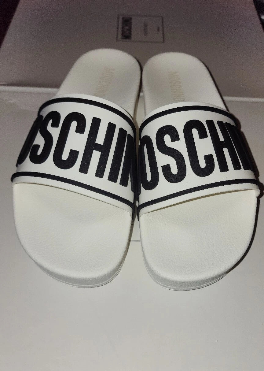 Moschino Womens 8.5 EU 41 Logo Platform Slides Sandals White Black Pool Tulum