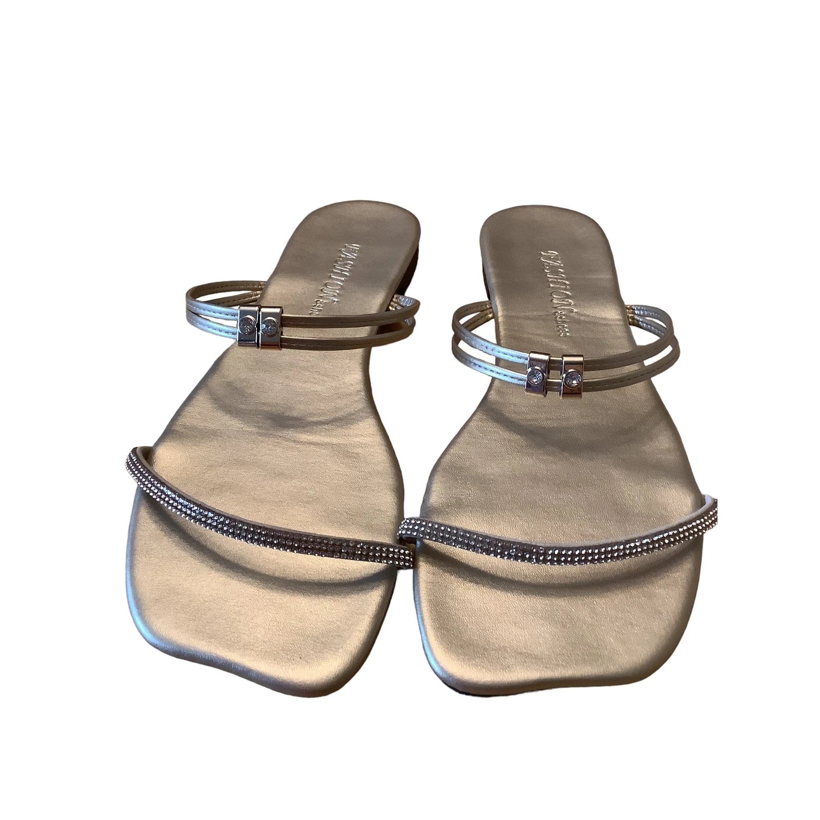 FASHION & SHOES METALLIC GOLD LEATHER AND CRYSTAL STRAP SLIDES NEW EU 40 US 9.5