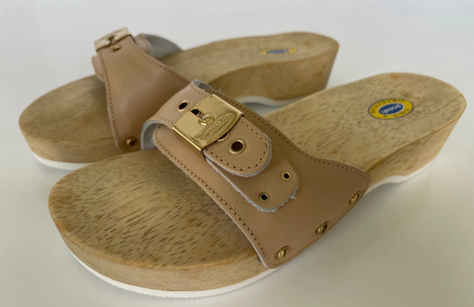 Dr. Scholl's The Original Wooden Sandals Slides Beige Leather Sz 5 M Brazil NEW