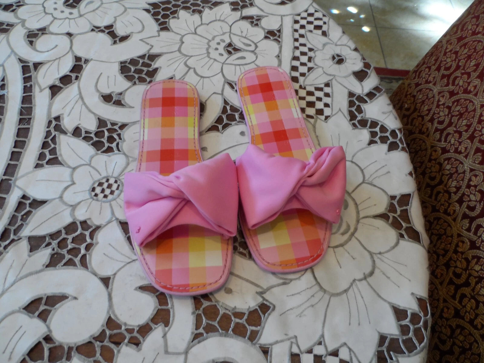 New Kate Spade New York Pink Madras Bikini Bow Slide Size 6.5B