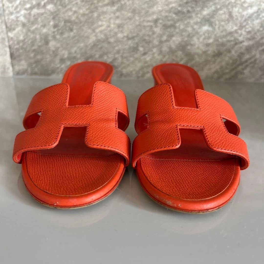 Hermes Orange Sandals Women Size 35 Leather Slide Shoes Classic Summer Style