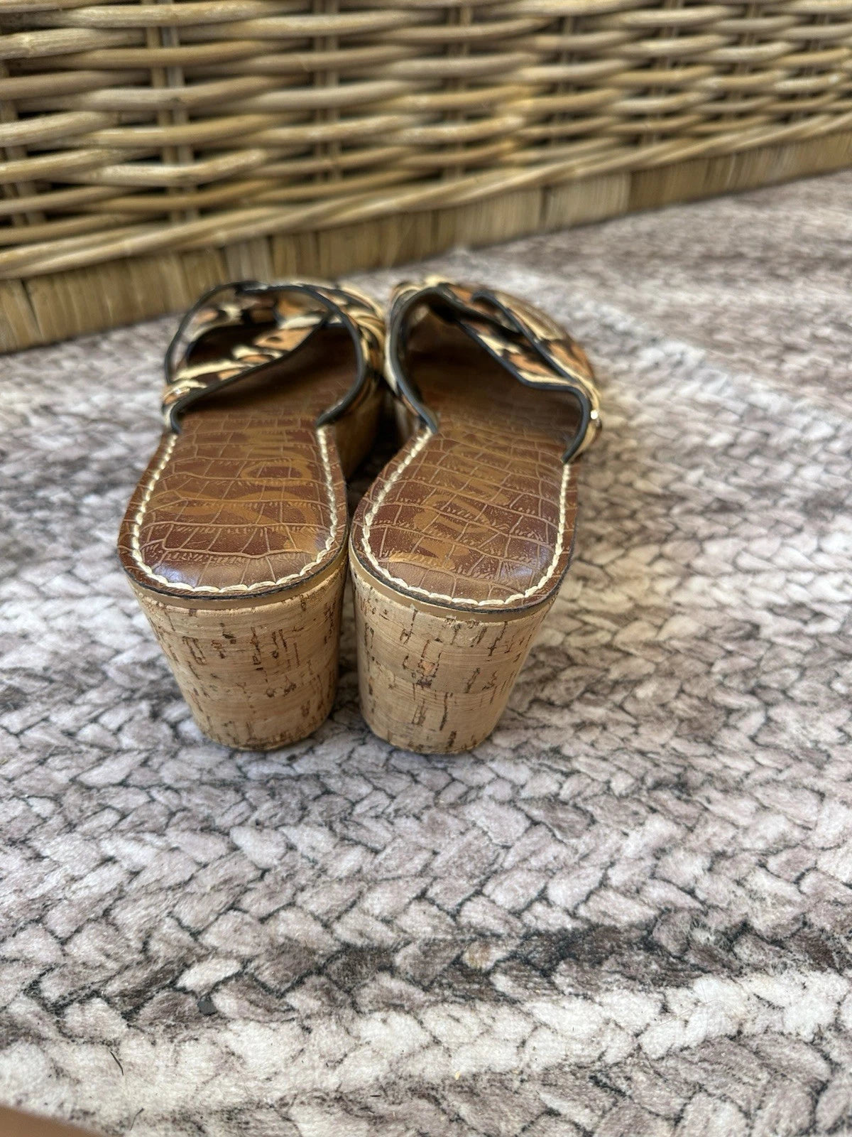 SAM EDELMAN Slide Sandals Sz 9.5Leopard Print Pony Hair Cork Platform Wedge REID
