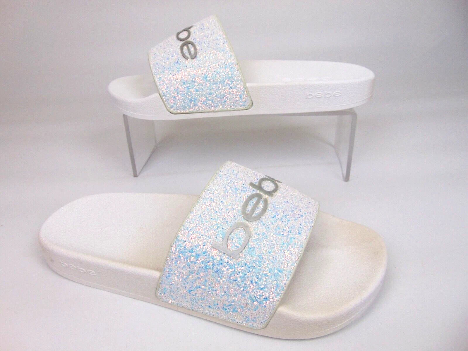 Bebe Womens Fraida Glitter Slide Fashion Sandals Flats Size 7.0 M, White Glitte