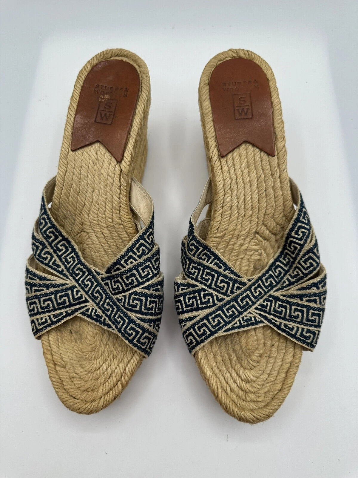Stubbs & Wootton Blue Geometric Nylon Espadrilles Wedge Sandals Women Sz 7