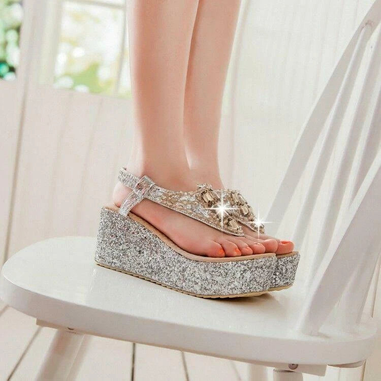 Beaded Women's Flip Flops Platform Sandals Shoes Wedge Heel Bling Roman Fashion