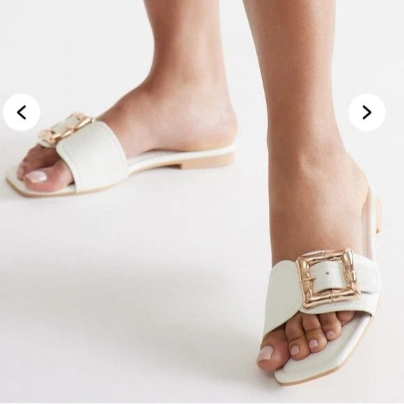 Fashion Nova White Square Toe Chunky Gold Buckle Summer Flat Heel Slide Sandal