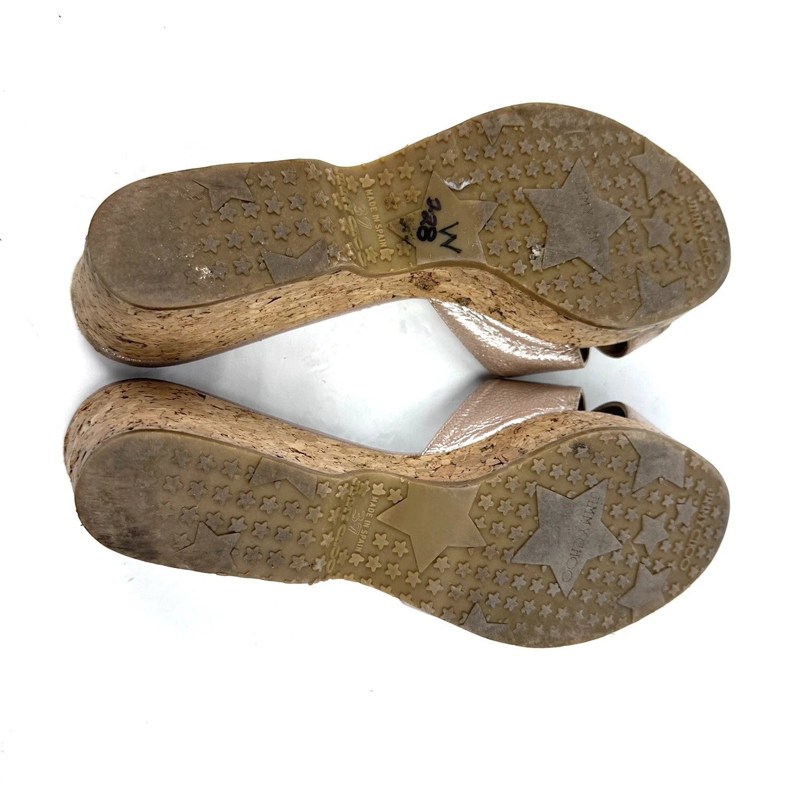 Jimmy Choo Panna Sandals 7 Cork Heel Womens Slip On Shoes Made In Spain