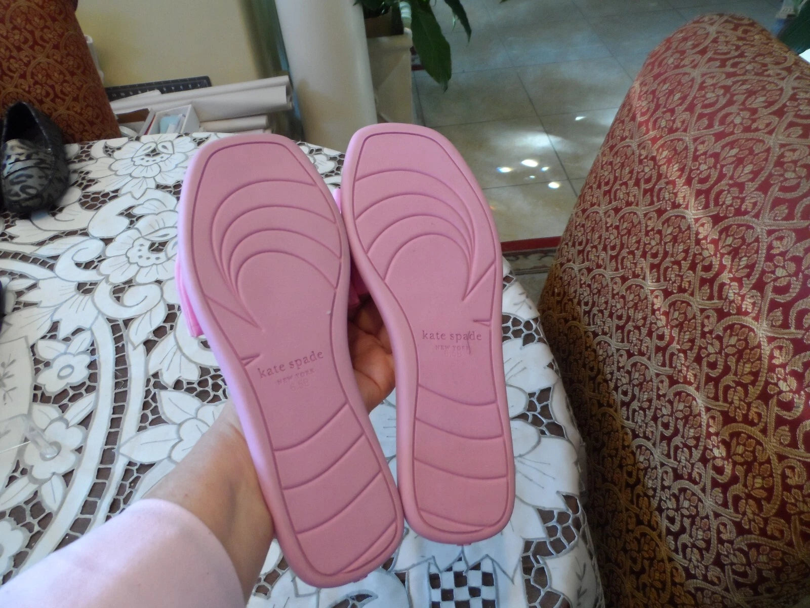 New Kate Spade New York Pink Madras Bikini Bow Slide Size 6.5B