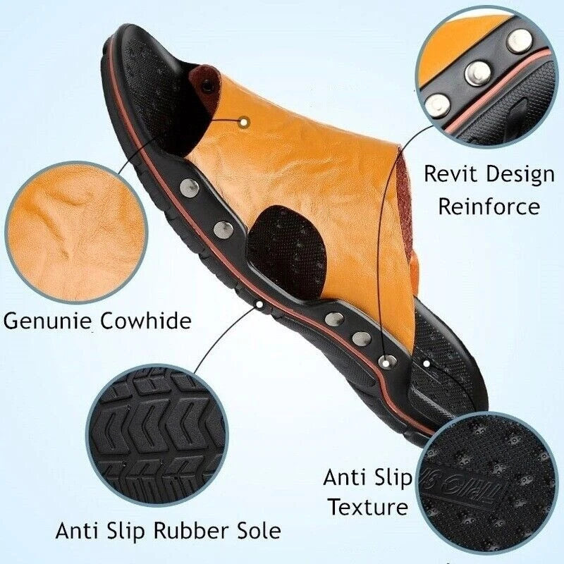 Mens Leather Slippers Summer Beach Fashion Sandals Casual Flats Slides Plus Size