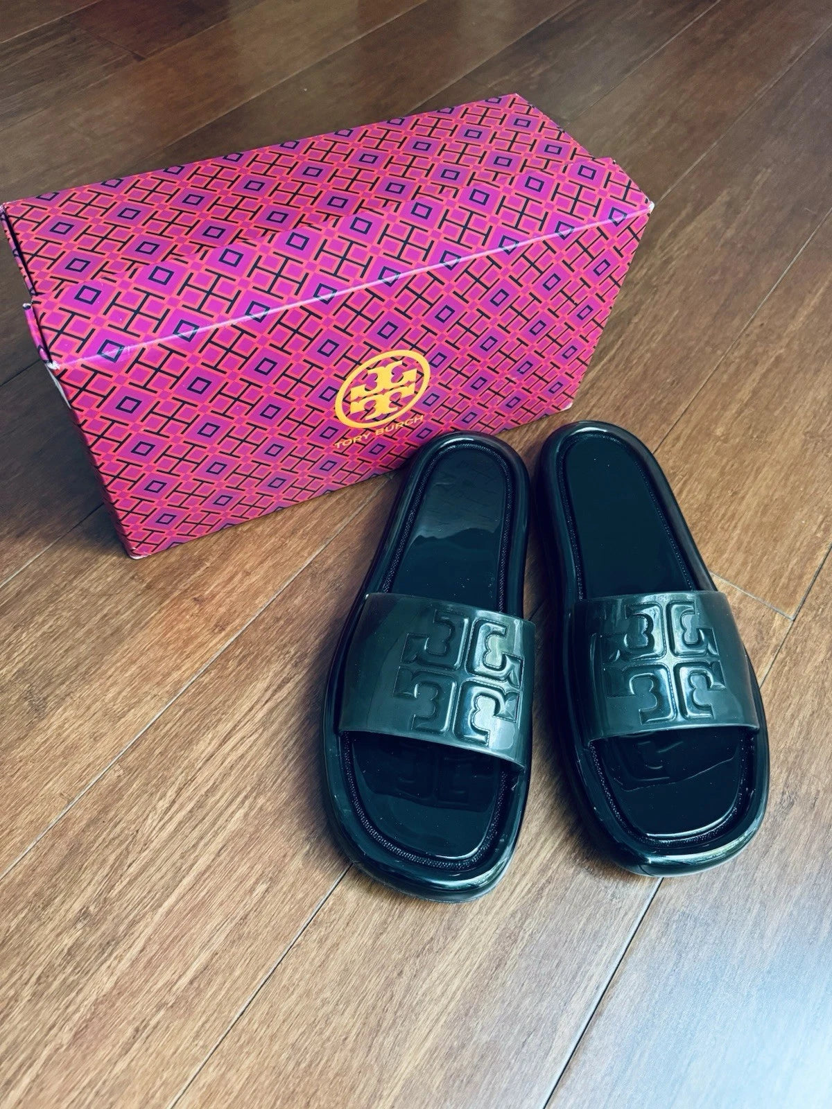 Tory Burch Bubble Jelly Slide Sandal With Logo  Black Sz 10