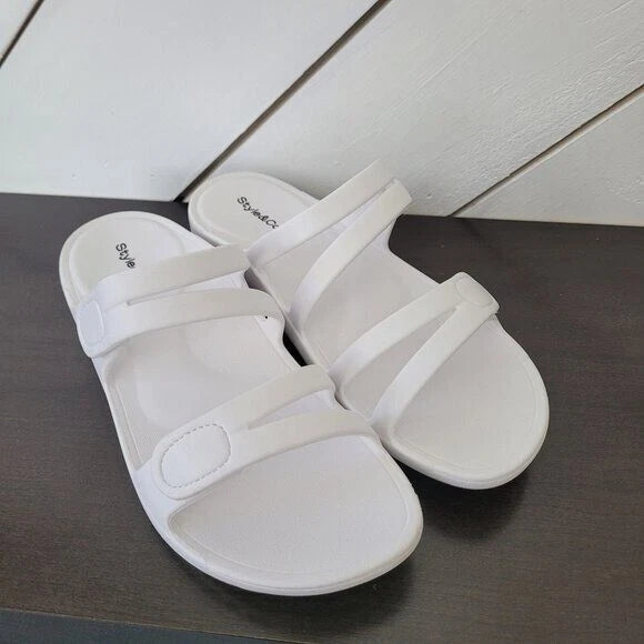 NEW Style & Co Women's 10M White Jessaa Slide Sandals With Adjustable Straps
