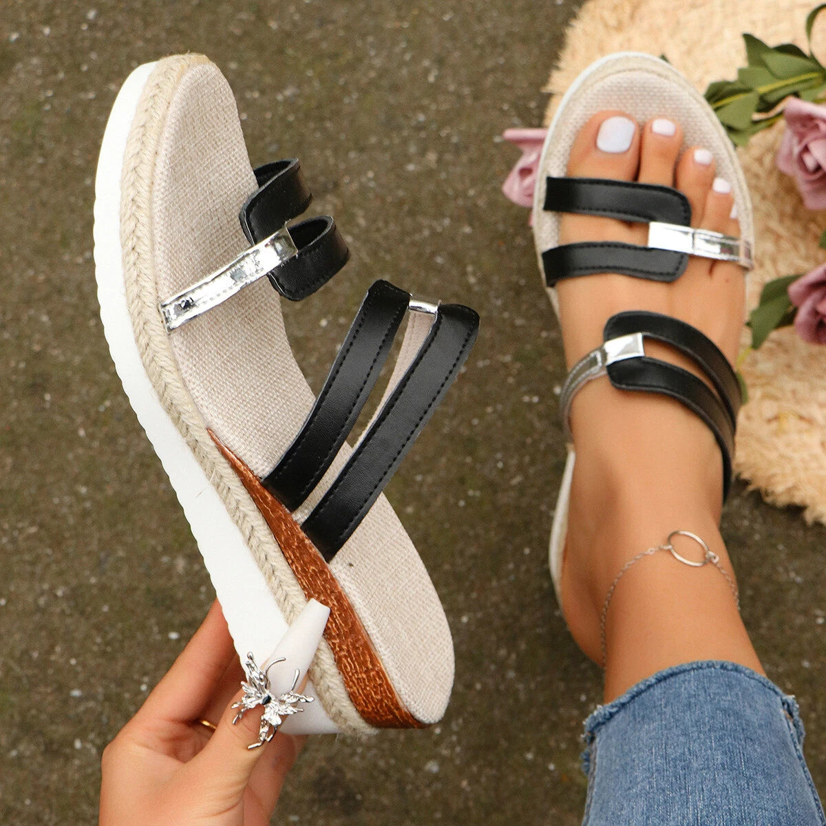 Colorblock-strap Wedges Sandals Summer Fashion Hemp Heel Slides Slippers Outdoor