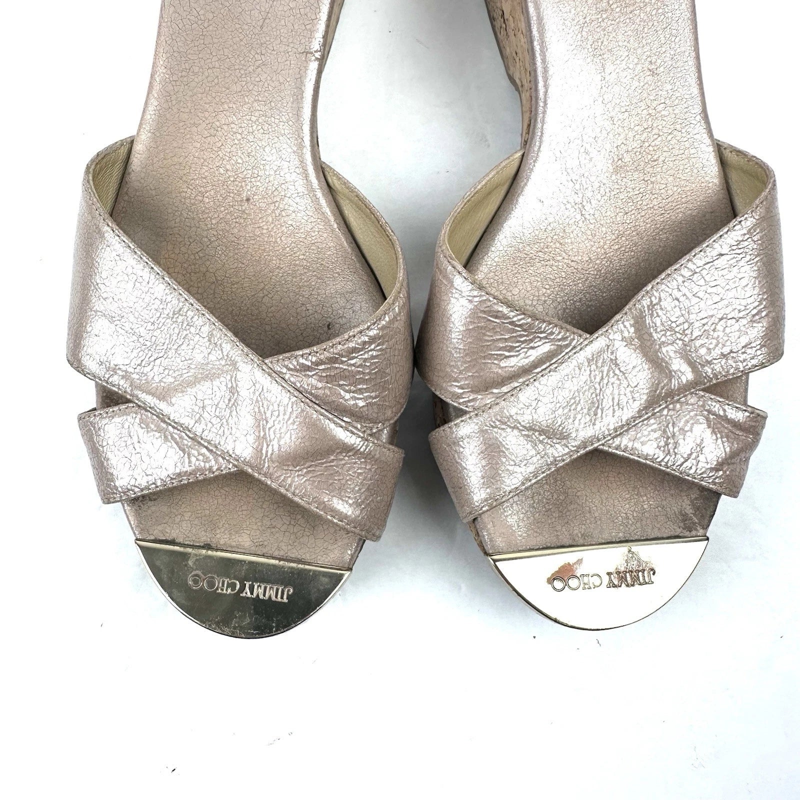 Jimmy Choo Panna Sandals 7 Cork Heel Womens Slip On Shoes Made In Spain