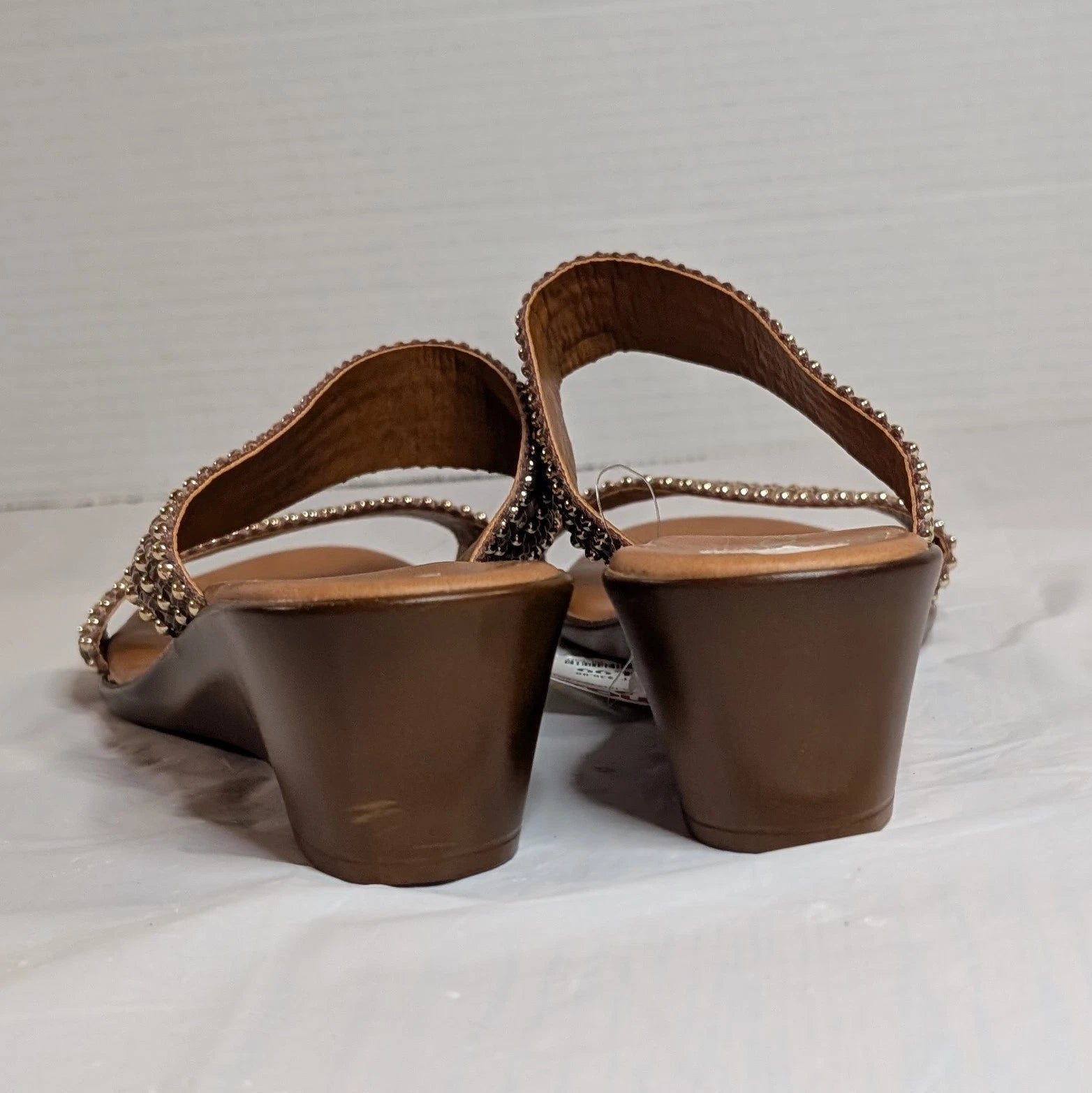 TOSCANELLA Wedge Sandals Size 8 Handmade in Italy Tan Beaded Two Band  BOHO