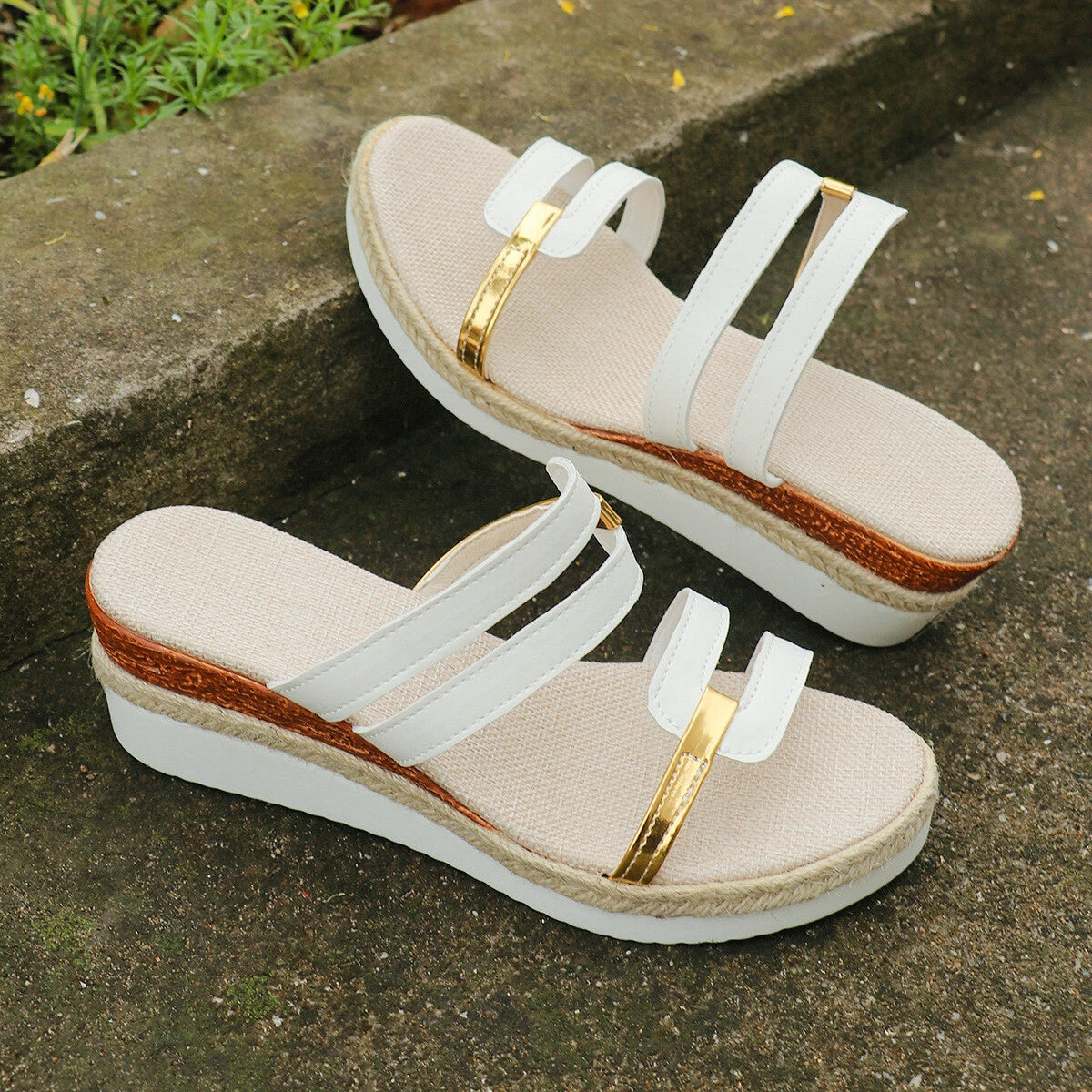 Colorblock-strap Wedges Sandals Summer Fashion Hemp Heel Slides Slippers Outdoor