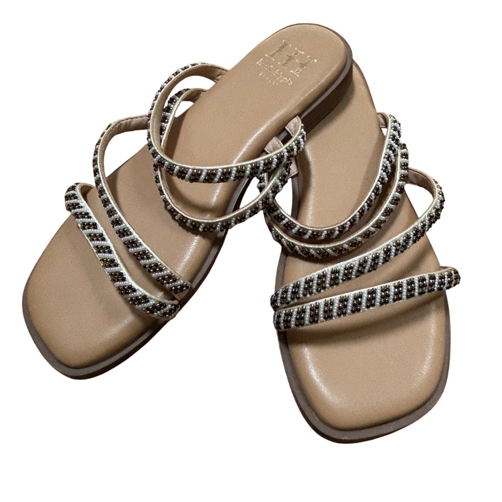 Haute Hippie slip on slides sandals beaded flats strappy resort casual US 7M