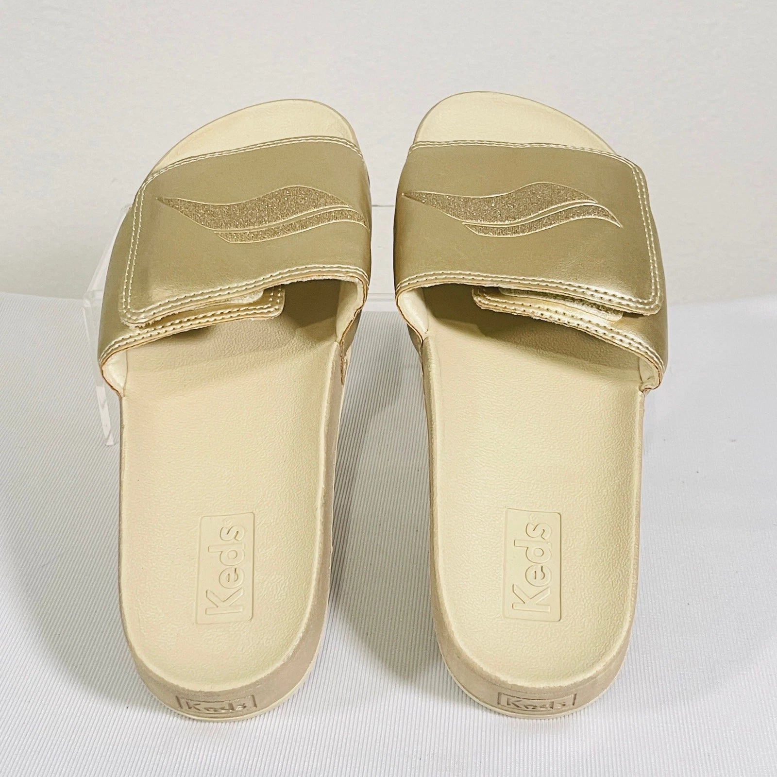 KEDS Slides Womens 7 Metallic Tan Adjustable Hook & Loop Sandals Cushion Foam