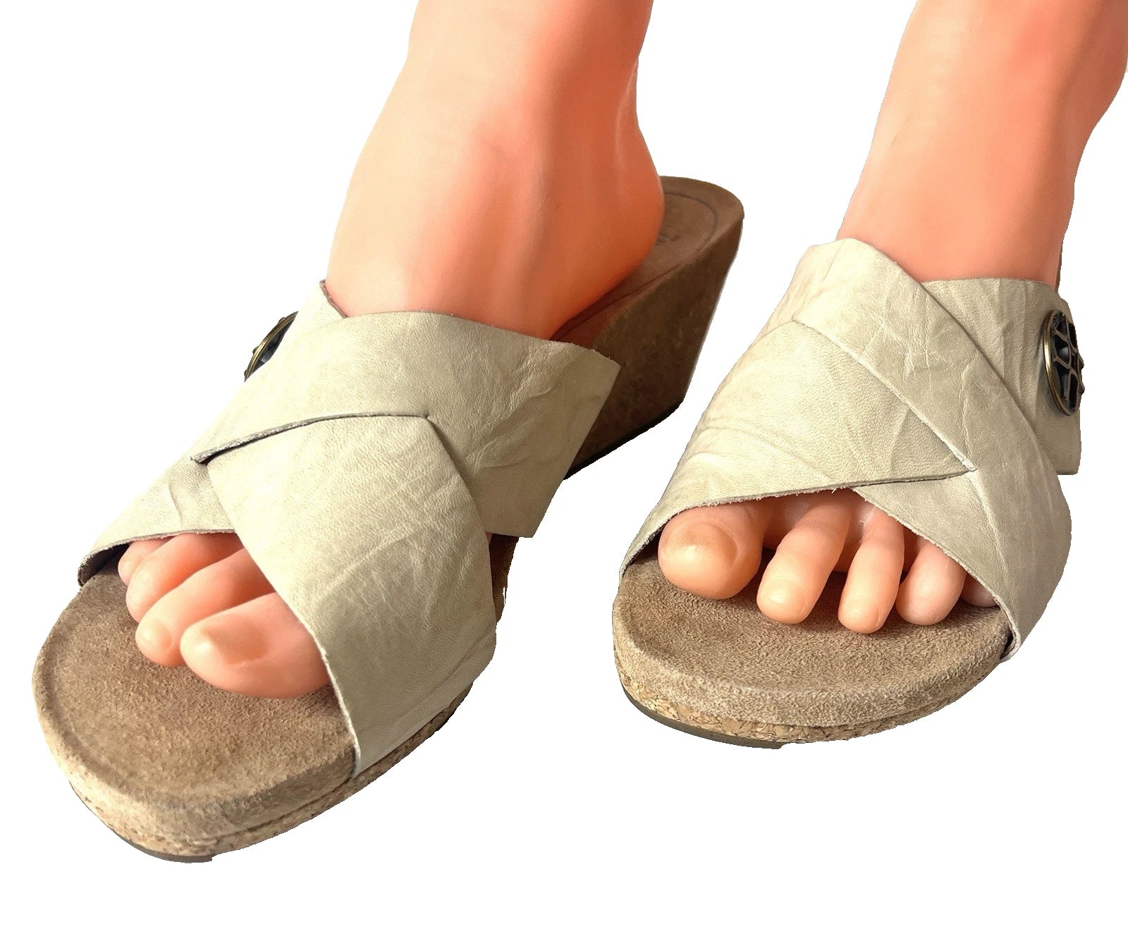 UGG Women's 9 Beige Leather Cross Slide Cork Wedge Summer Casual Sandals Slip On