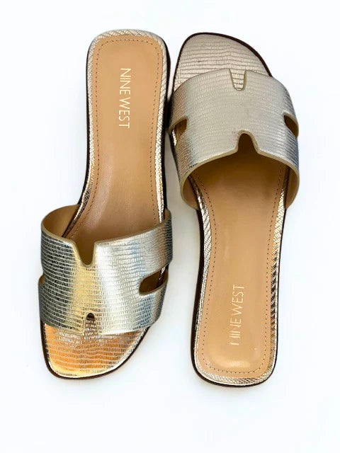 Nine west slide sandals 7.5 med NIB  flat metallic mostly gold H style