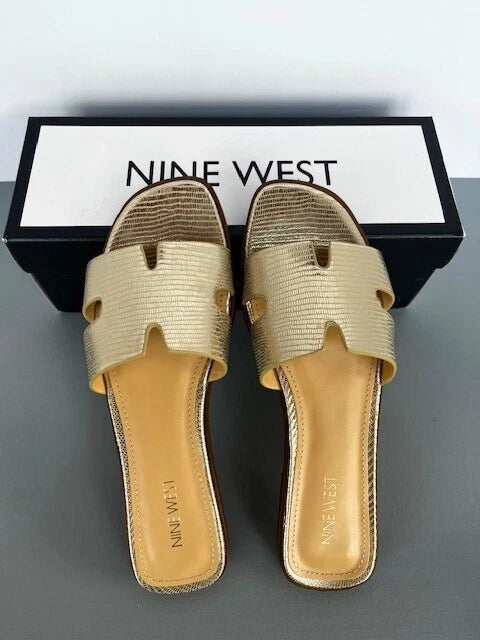 Nine west slide sandals 7.5 med NIB  flat metallic mostly gold H style