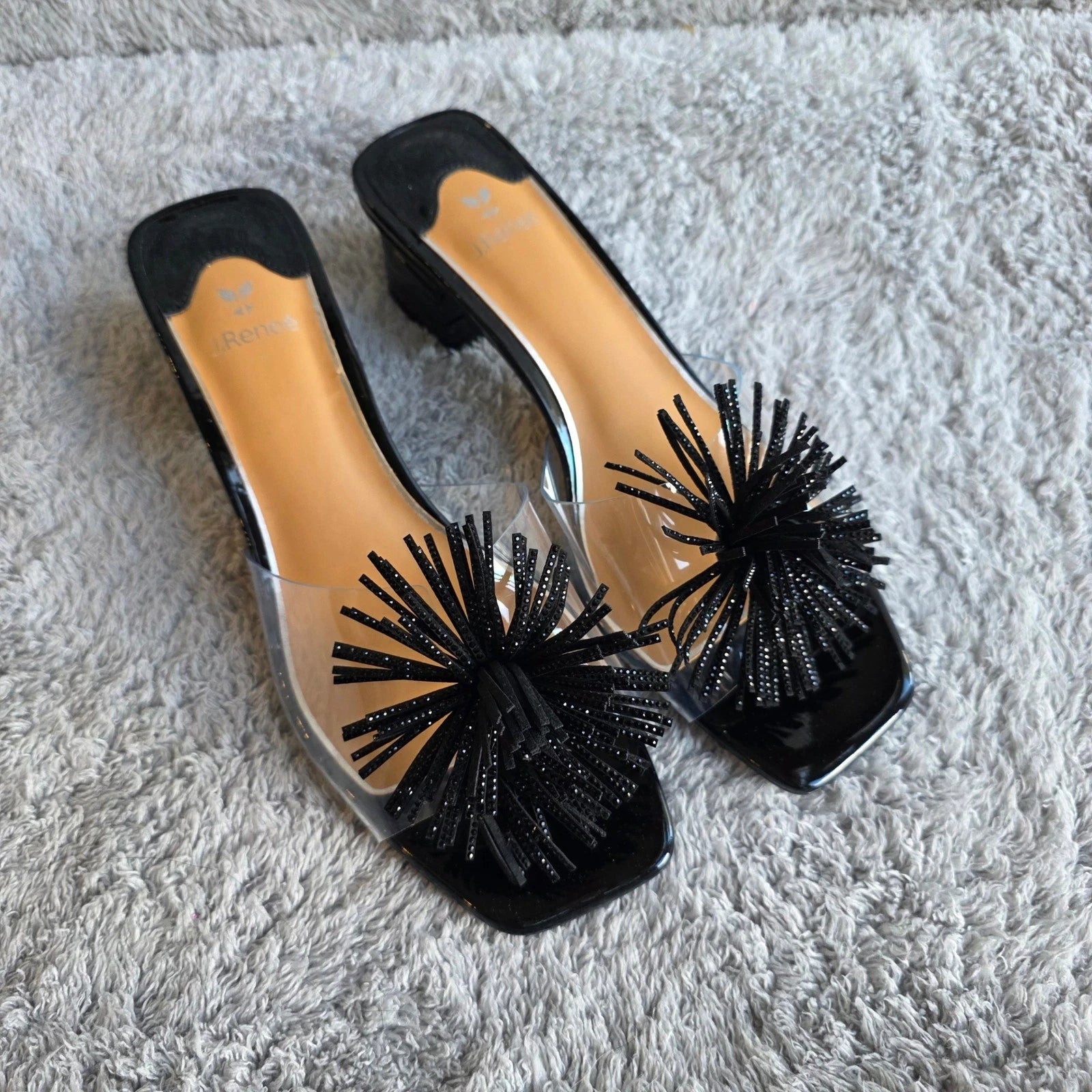 J. Renee Black Pom Pom Patent Clear Vinyl Heeled Sandals - Women's Size 11W