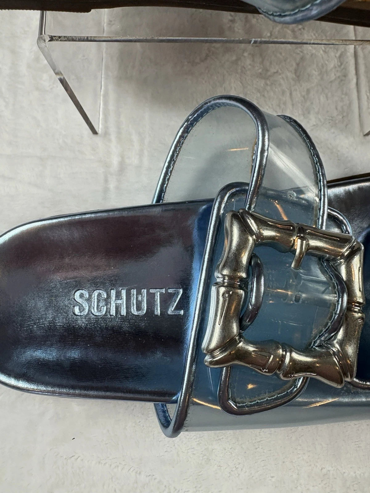 Schultz Enola sporty Metallic Blue Slides With Bamboo Style Buckles