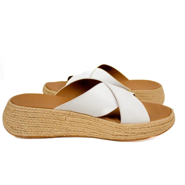 Fitflop F-Mode Leather Urban White Cross Flatform Slide Sandals Women's Size 11
