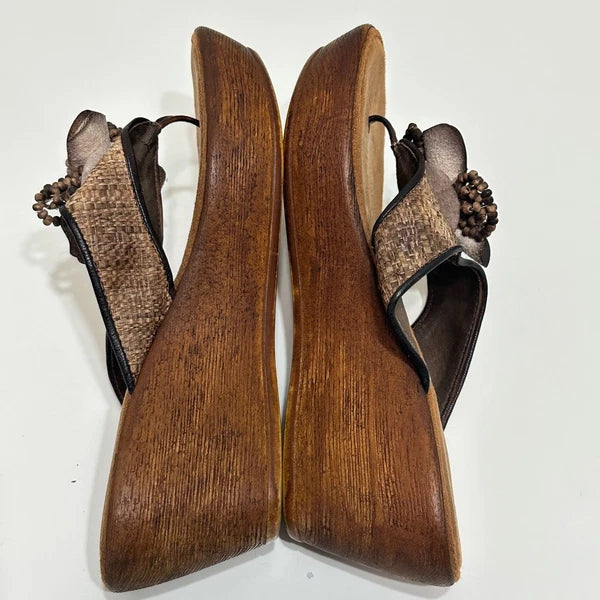 Floral Appliqué Wedge Sandals Women's 7* Made in Italy Thongs Brown Slides Artsy