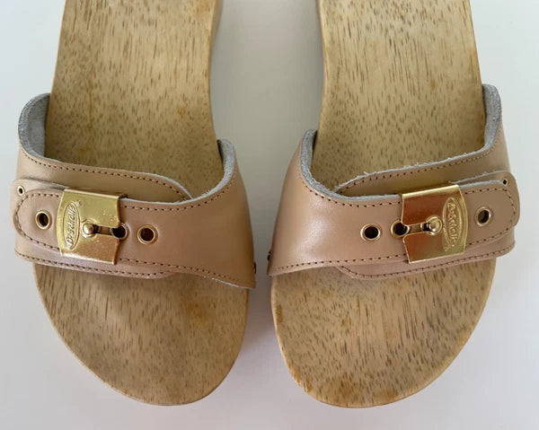Dr. Scholl's The Original Wooden Sandals Slides Beige Leather Sz 5 M Brazil NEW