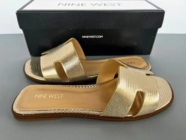 Nine west slide sandals 7.5 med NIB  flat metallic mostly gold H style