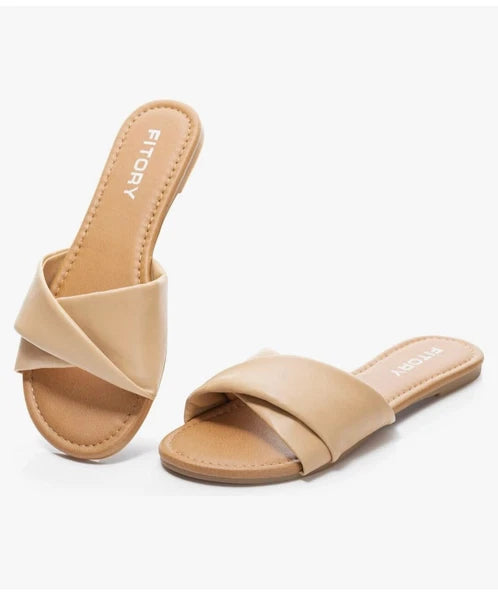 FITORY Women's Flat Sandals Fashion Slides With Soft Leather Slippers Size US 8