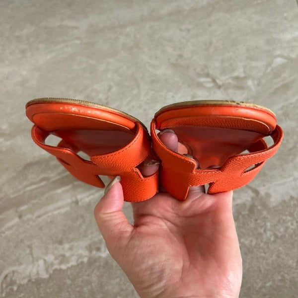 Hermes Orange Sandals Women Size 35 Leather Slide Shoes Classic Summer Style