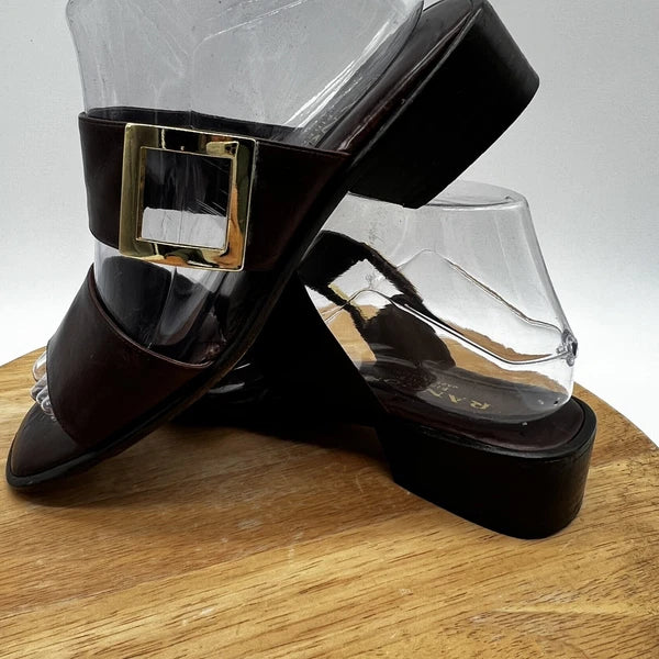 Rangoni Firenze Brown Leather Open-Toe Sandals 8 1/2 AA Made Italy Gold Buckle